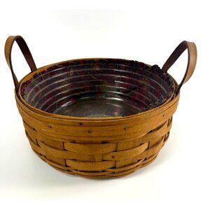 Longaberger 1994 Round Basket w/ Leather Handles Liner & Plastic Protector 10"